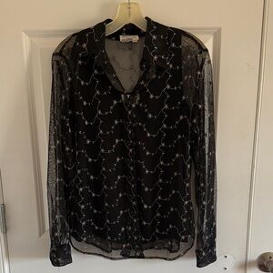 Tess Sheer Black Blouse w/ Silver Metallic Floral Embroidery with black tank S
